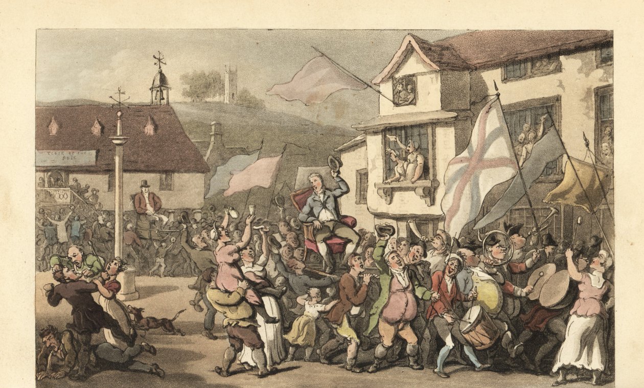 Caballero inglés llevado en una silla de manos para una elección de Thomas Rowlandson
