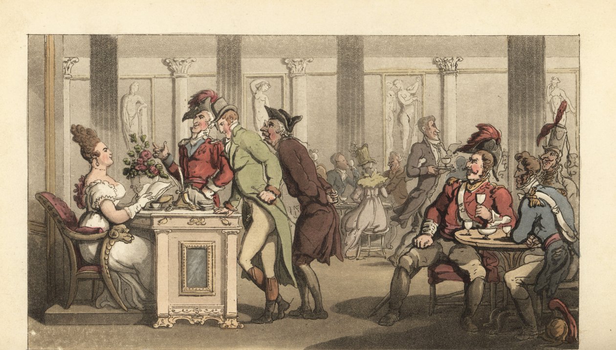 Caballero inglés coqueteando con la Bella Limonadiera en un café en París de Thomas Rowlandson