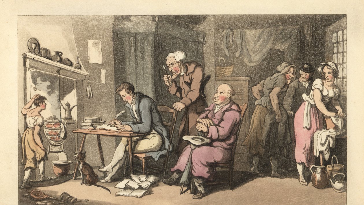 Caballero inglés escribiendo una carta de súplica en un salón decrépito de Thomas Rowlandson