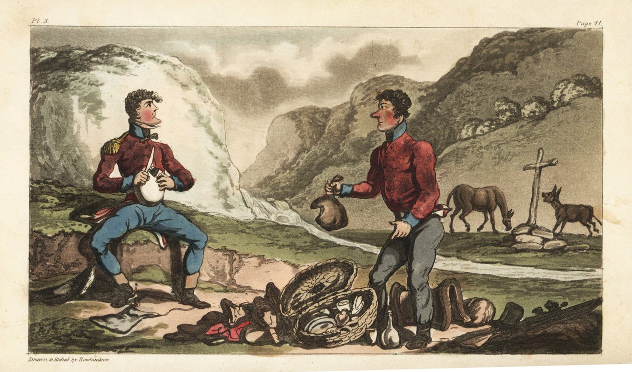 Alférez Johnny Newcome y su subalterno desayunando jamón, carne, galleta y brandy en un camino en Portugal de Thomas Rowlandson