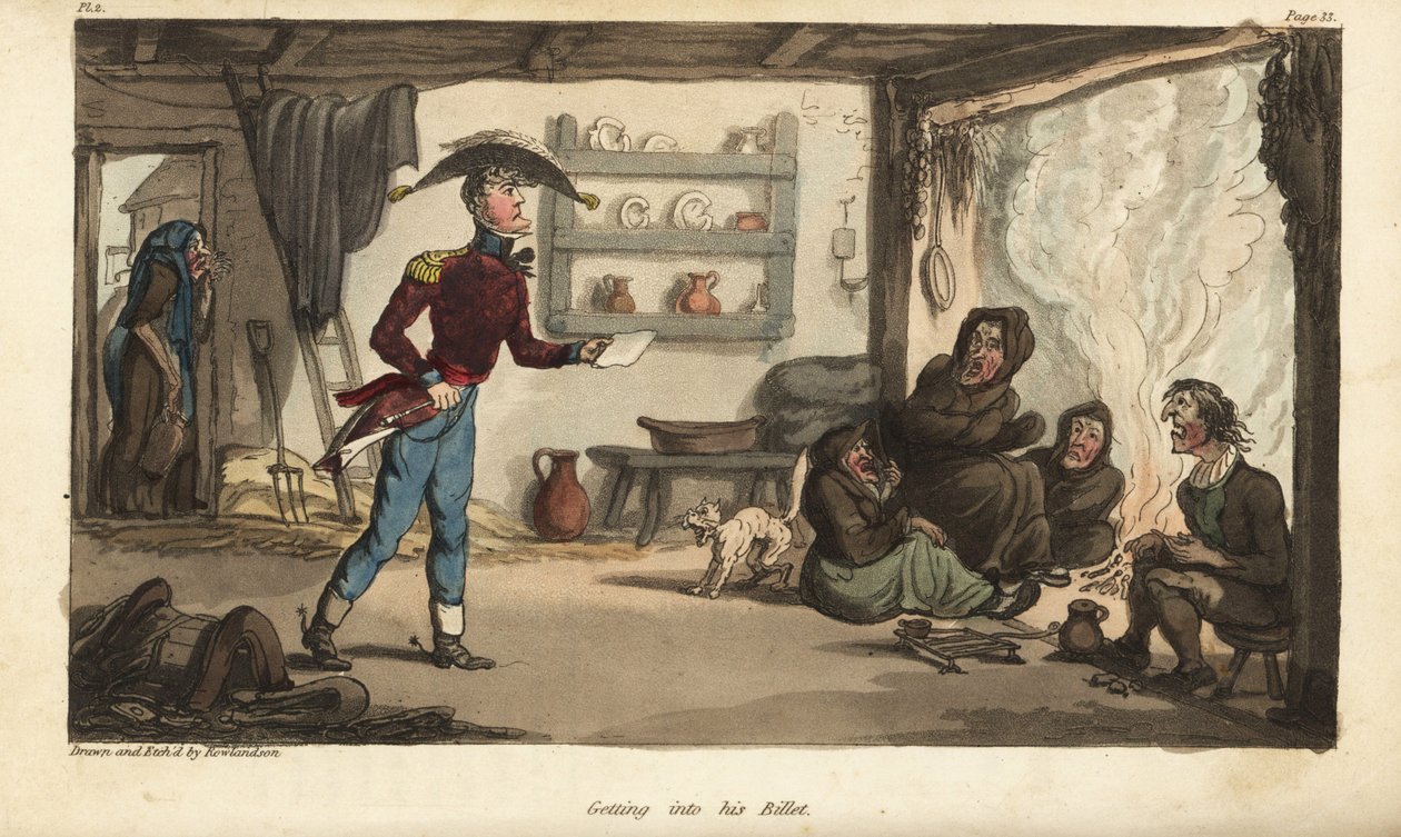 Alférez Johnny Newcome llegando a su boleto de Subalternter en Portugal, una choza con mendigos sucios. Grabado en cobre coloreado a mano dibujado y grabado por Thomas Rowlandson del libro Las aventuras militares de Johnny Newcome, de Martin, Londres de Thomas Rowlandson