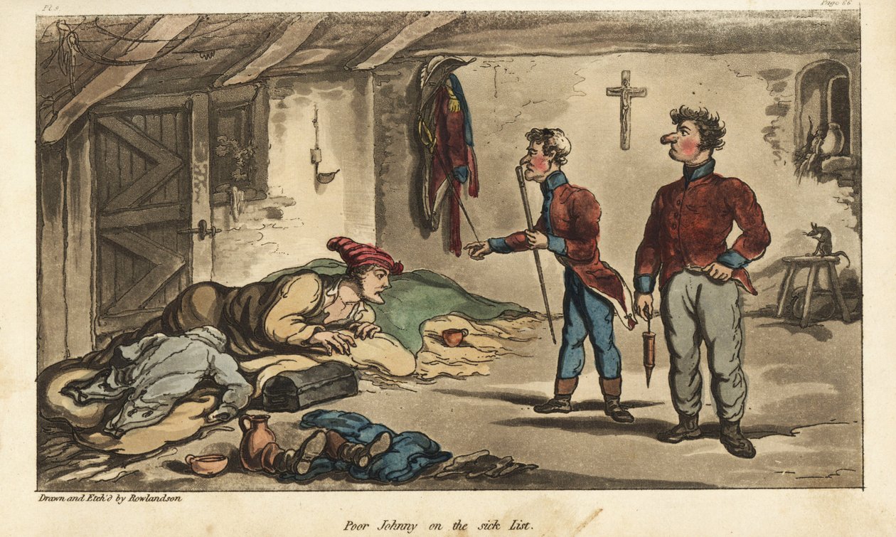 El alférez Johnny Newcome con disentería en su billete en Medina, España. Grabado en cobre coloreado a mano dibujado y grabado por Thomas Rowlandson del libro Las aventuras militares de Johnny Newcome, de David Roberts de Thomas Rowlandson