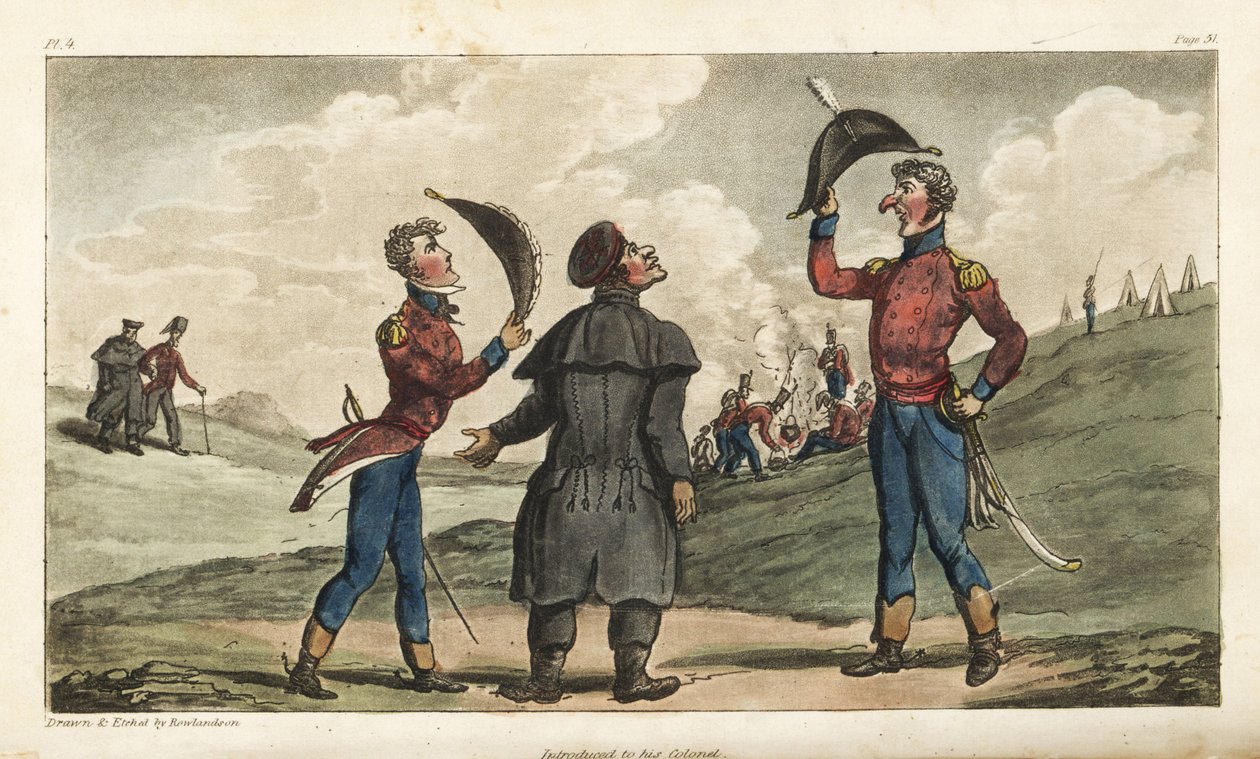El alférez Johnny Newcome presentado al coronel de su regimiento antes de la Batalla de Salamanca. Ilustración de Thomas Rowlandson de Las aventuras militares de Johnny Newcome, Martin, Londres de Thomas Rowlandson