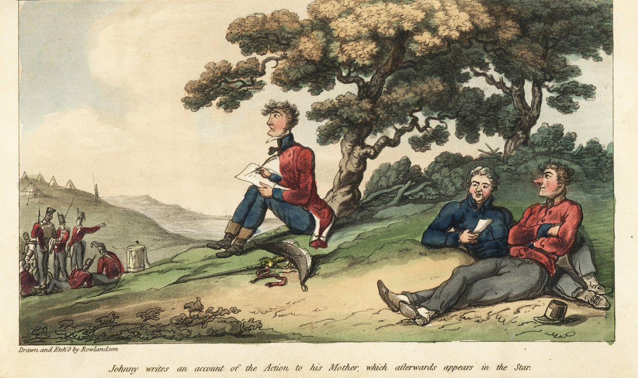 Ensign Johnny Newcome escribiendo una carta a su madre describiendo la Batalla de Salamanca de Thomas Rowlandson