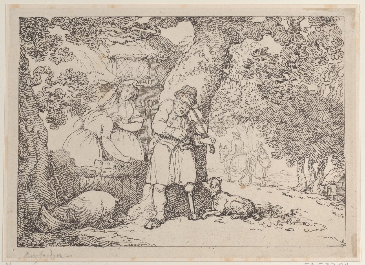 Violinista, marinero, dos mujeres y un cerdo junto a una cabaña de Thomas Rowlandson