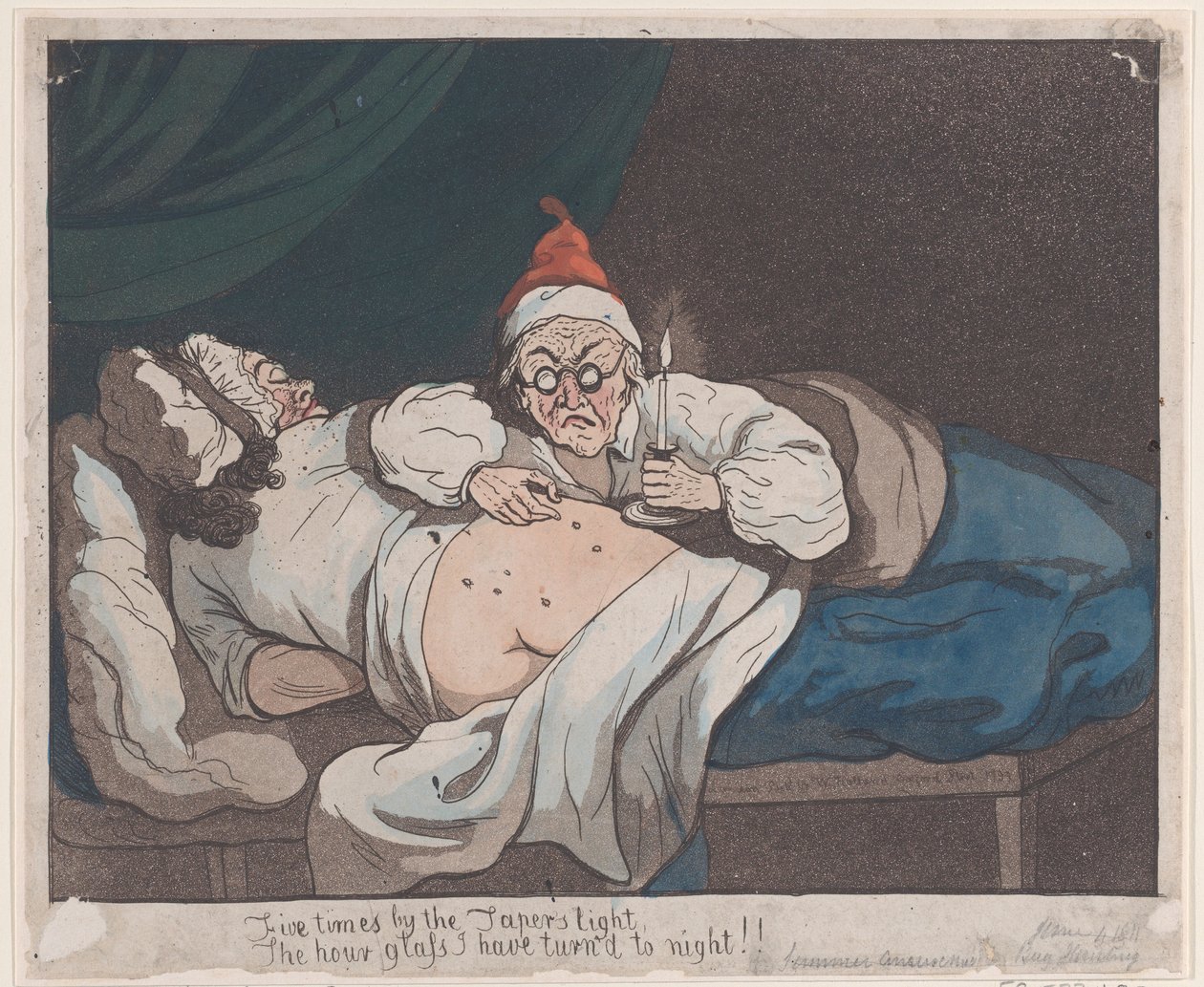 Cinco veces a la luz de la vela, ¡He convertido el reloj de arena en noche! de Thomas Rowlandson