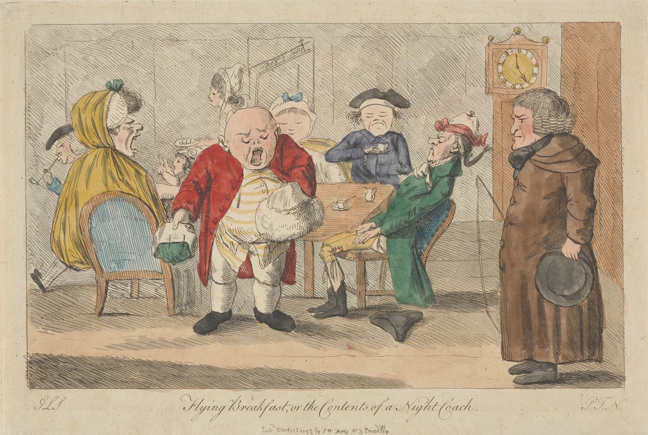 «Desayuno volador», o lo que se encuentra en un autocar nocturno de Thomas Rowlandson