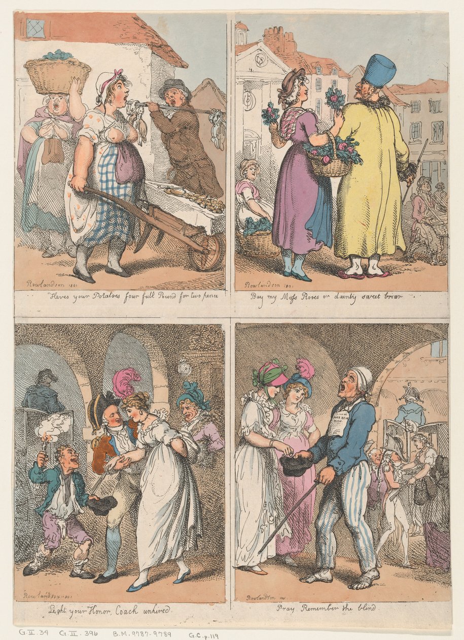 Cuatro escenas de la serie Cries of London: Aquí están tus papas..., Compra mi musgo..., 1 de agosto de 1801 de Thomas Rowlandson