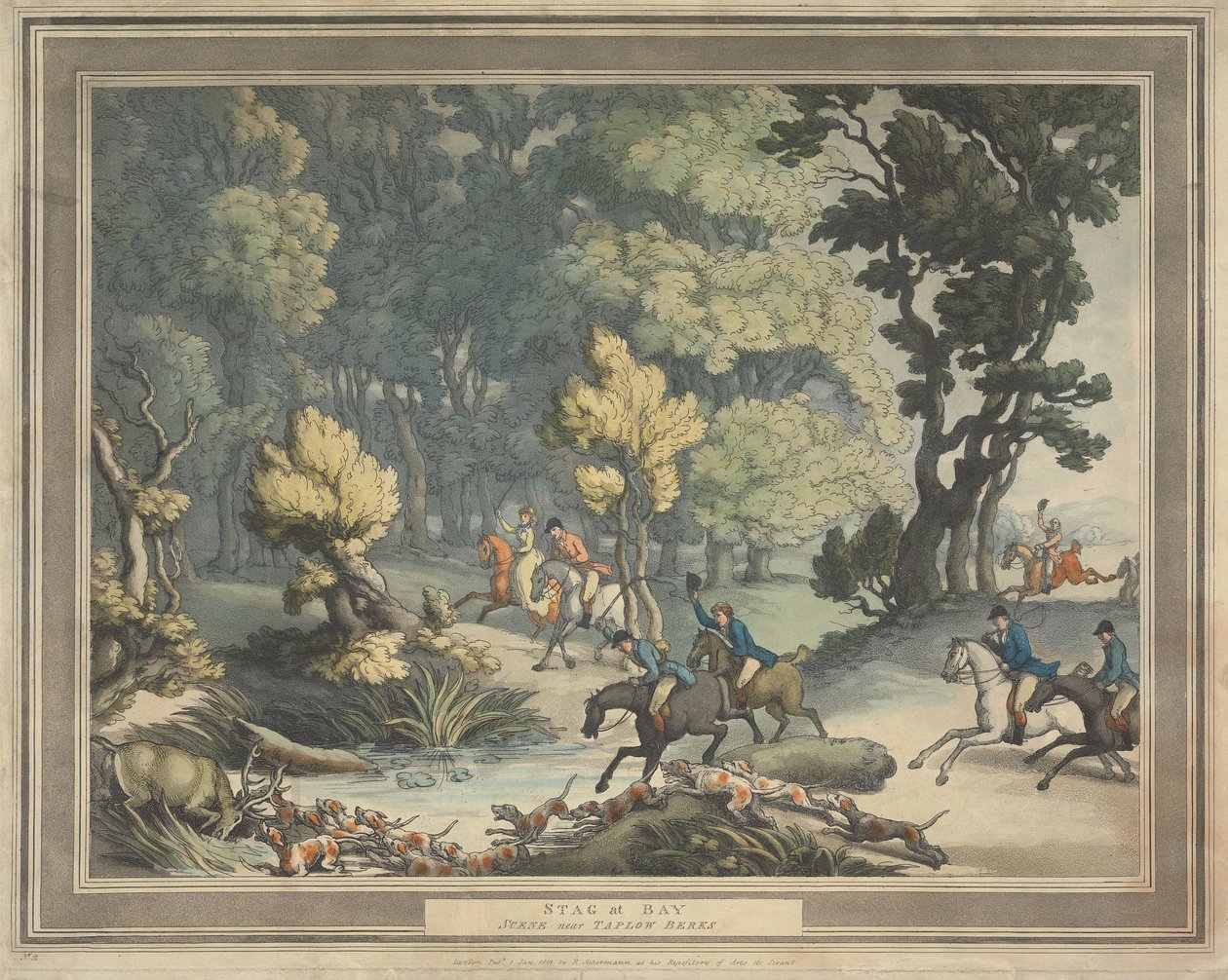 Caza del zorro [serie de cuatro]:  2.  Ciervo acorralado. / Escena cerca de Taplow, Berks de Thomas Rowlandson