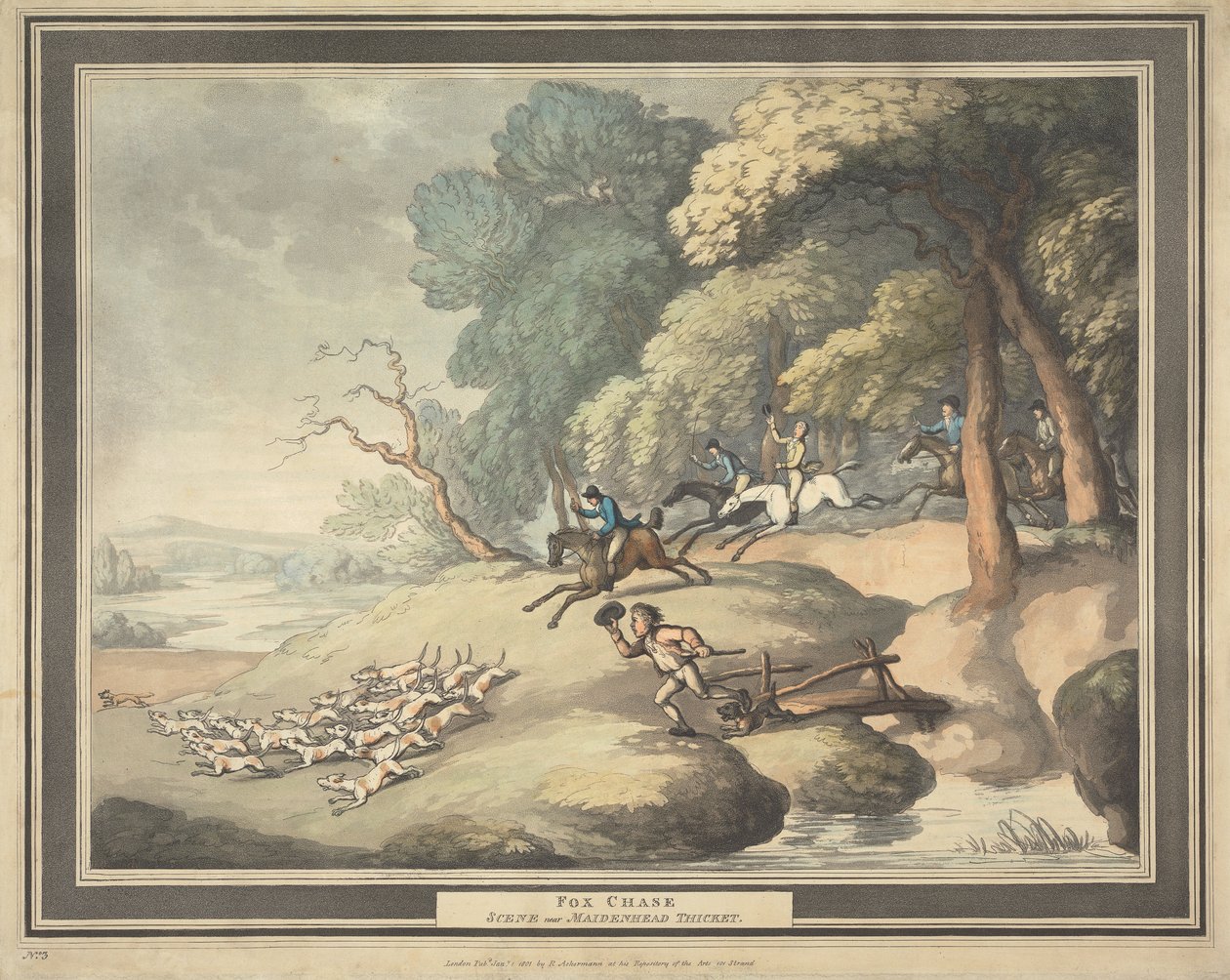 Caza del zorro [serie de cuatro]:  3. Persecución del zorro / Escena cerca del matorral de Maidenhead de Thomas Rowlandson