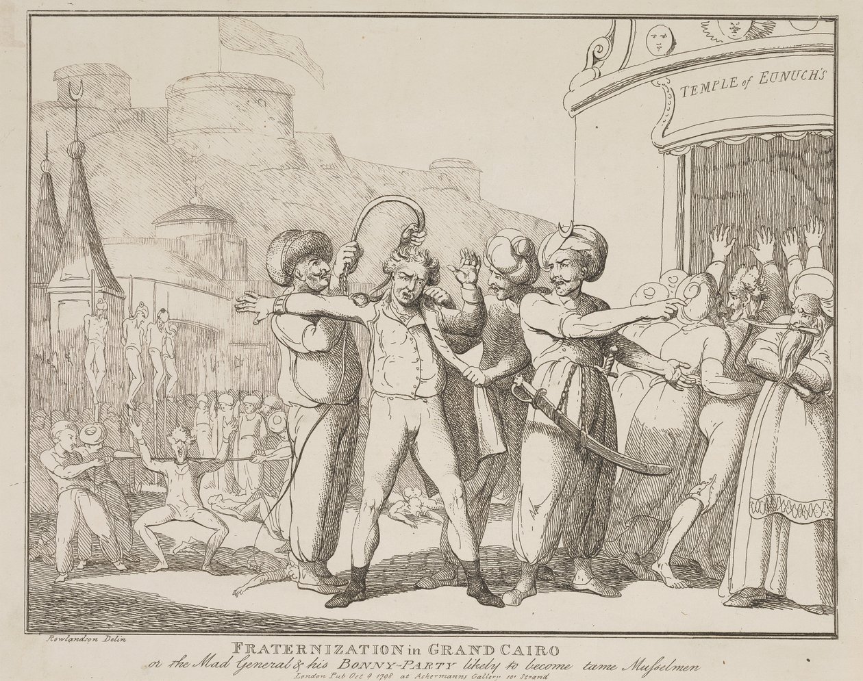 «Fraternización en el Gran Cairo» o «El general loco y su alegre pandilla», que probablemente se convertirán en musulmanes dóciles de Thomas Rowlandson
