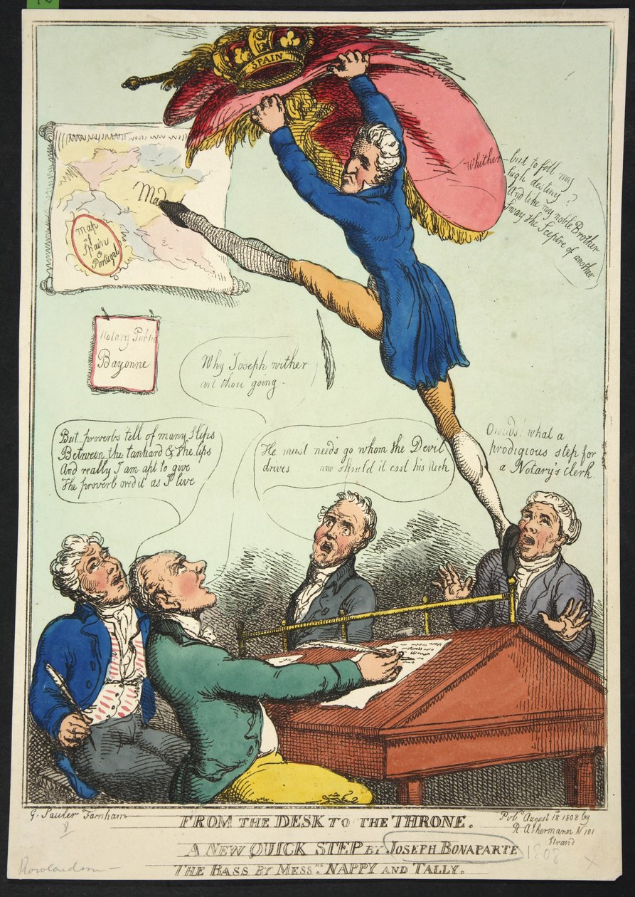 Del escritorio al trono. Un nuevo paso rápido de Joseph Bonaparte. El bajo por los Sres. Nappy y Talley, pub. 1808 (grabado coloreado a mano) de Thomas Rowlandson