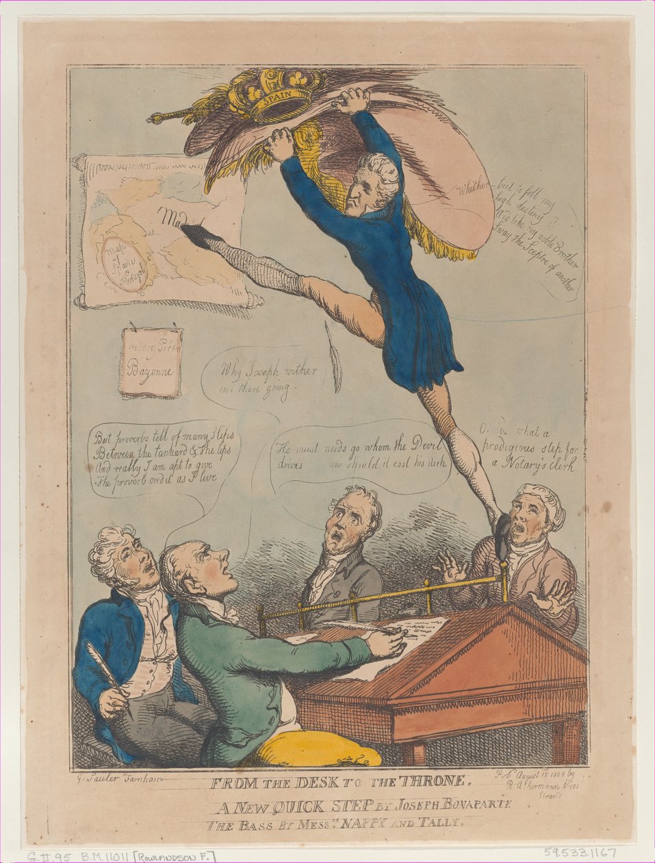 Del escritorio al trono, un nuevo paso rápido de Joseph Bonaparte el Bajo por M..., 18 de agosto de 1808 de Thomas Rowlandson