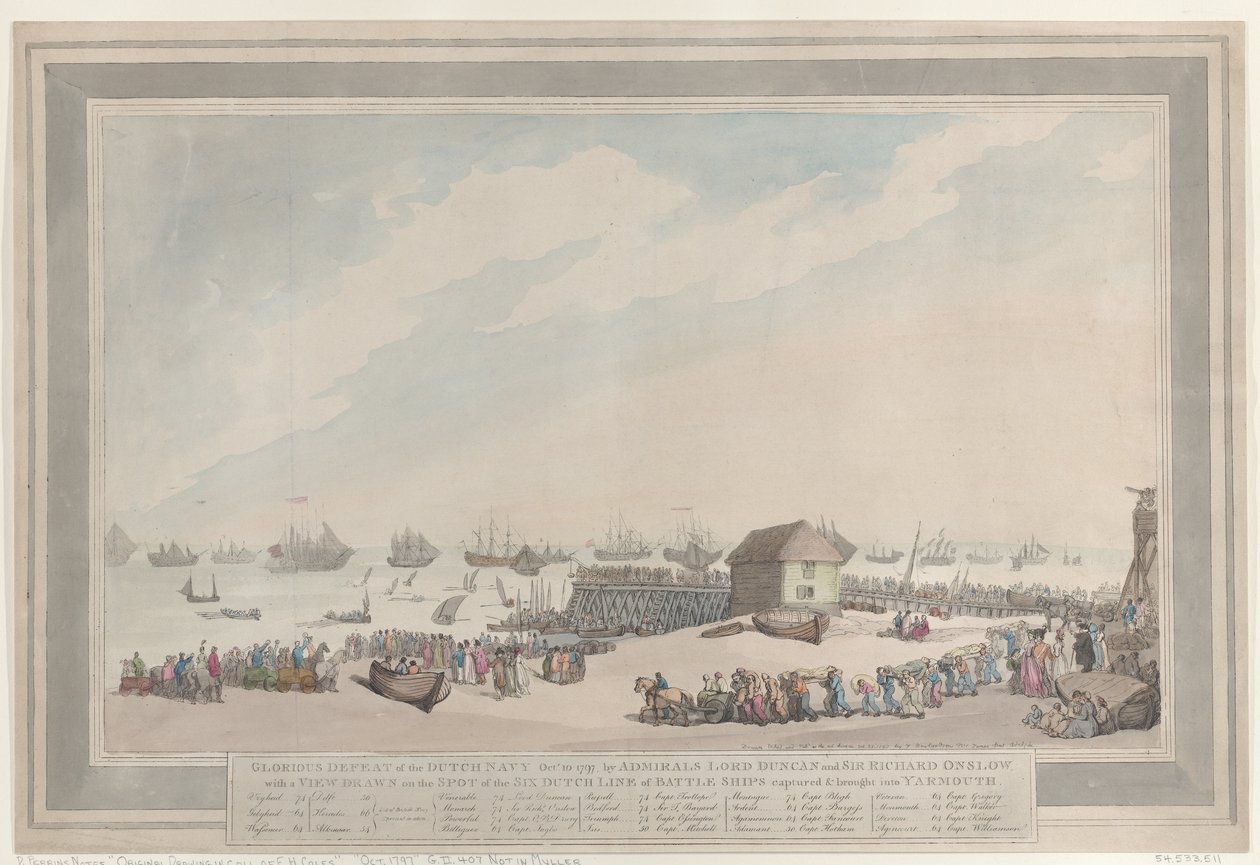 «La gloriosa derrota de la Armada holandesa, 10 de octubre de 1797», de los almirantes Lord Duncan y Sir Richard Onslow, con una vista dibujada in situ de los seis buques de línea holandeses capturados y conducidos a Yarmouth de Thomas Rowlandson