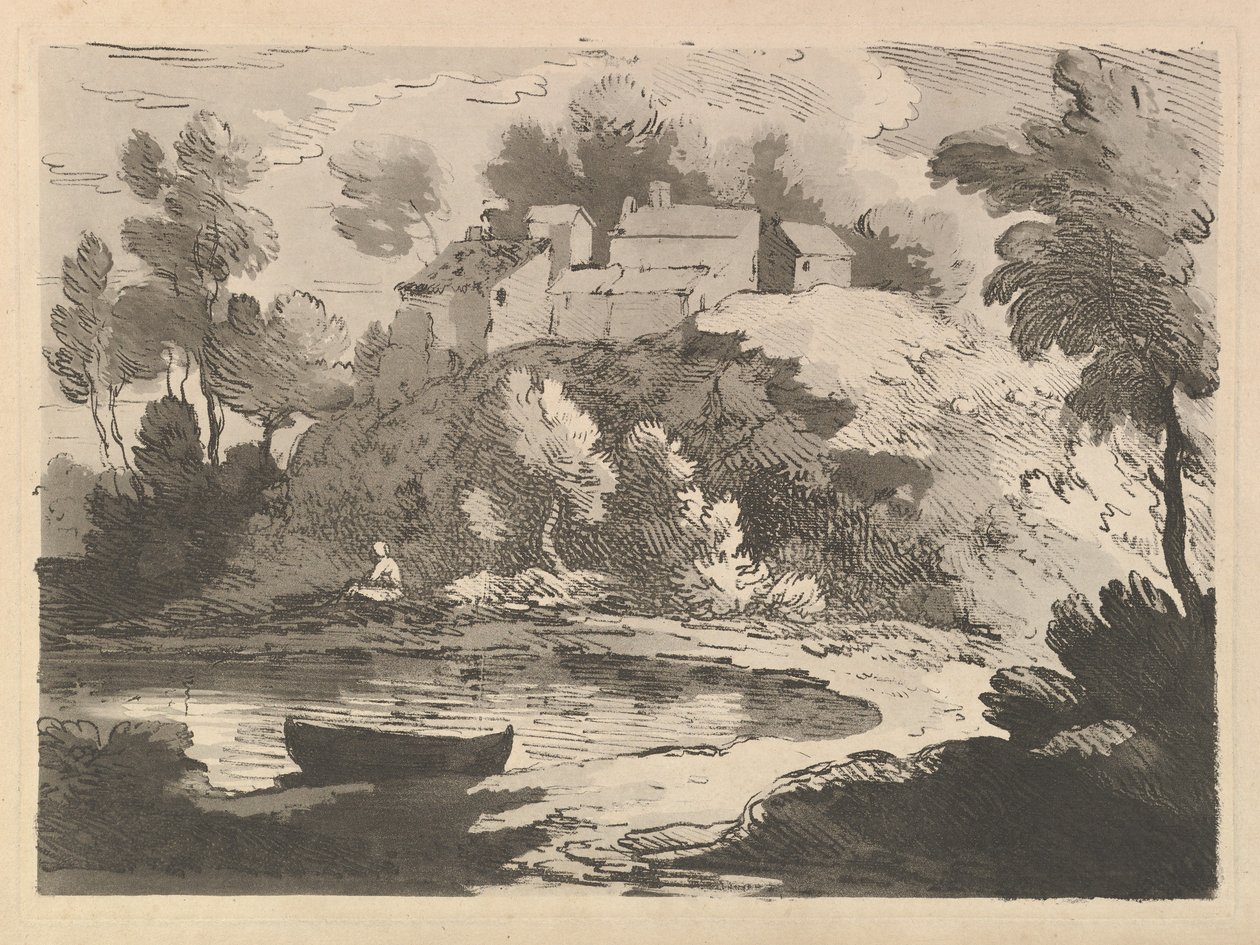 Paisaje de río montañoso, un bote en el agua en primer plano a la izquierda, una figura en la orilla lejana (detalle) de Thomas Rowlandson
