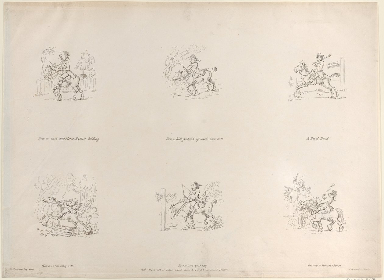 Cómo girar cualquier Caballo, Yegua o Castrado, Cómo montar elegante y agradable cuesta abajo, 1 de marzo de 1803 de Thomas Rowlandson