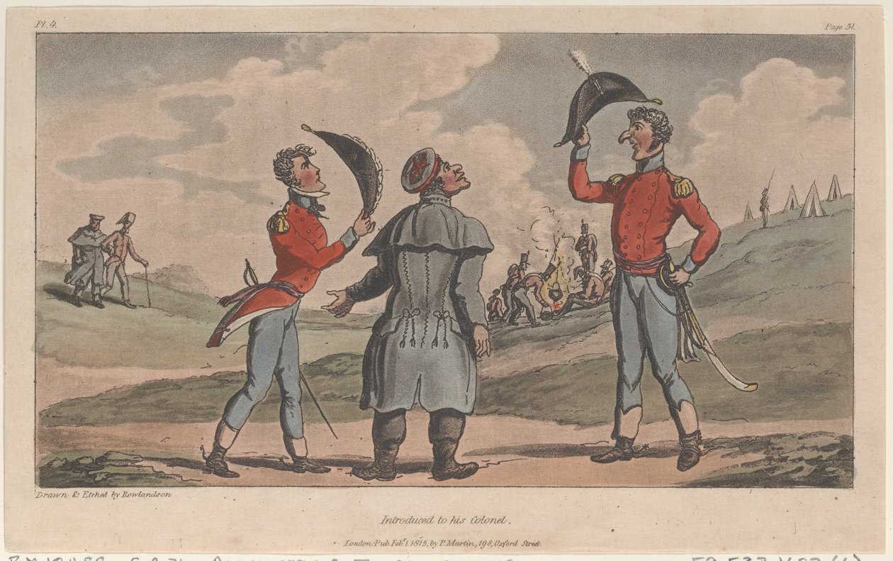Presentado a su coronel, de Las aventuras militares de Johnny Newcome, 1815 de Thomas Rowlandson
