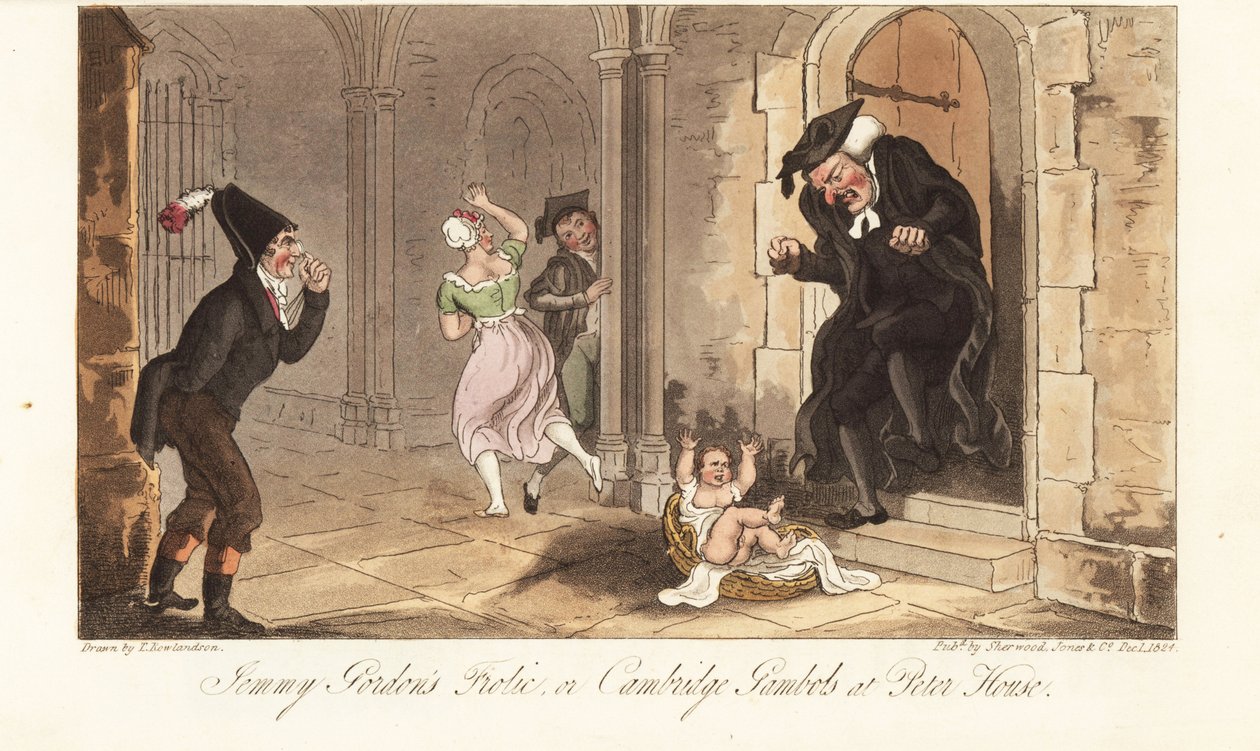 James Gordon, un borracho notorio de Cambridge, dejando un bebé como broma frente a la casa de un decano de la universidad. La travesura de Jemmy Gordon, o las travesuras de Cambridge en Peter House. Grabado a mano coloreado por Thomas Rowlandson de The En de Thomas Rowlandson