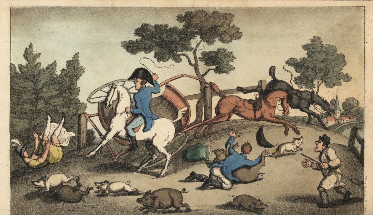 Johnny y una dama irrumpen en un concierto en una manada de cerdos. Ilustración de Thomas Rowlandson de Las aventuras de Johnny Newcombe en la Marina, Simpkin, Londres de Thomas Rowlandson