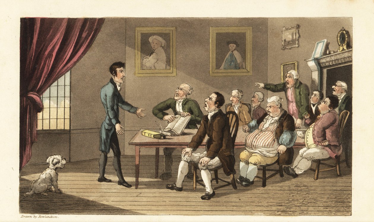Johnny y sus acreedores. El pobre caballero enfrenta a una sala llena de comerciantes y tenderos exigiendo el pago de sus deudas. Grabado en cobre a mano coloreado por Thomas Rowlandson de The History of Johnny Quae Genus, the Little Foundling of the late  de Thomas Rowlandson