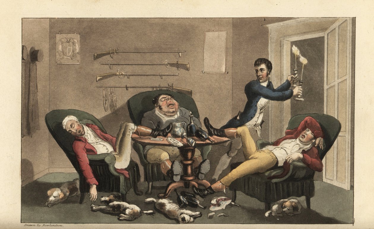 Johnny en una final deportiva: Johnny con candelabros deja a tres cazadores borrachos dormidos en un comedor con botellas de vino vacías y perros durmiendo. Grabado en cobre coloreado a mano por Thomas Rowlandson de 