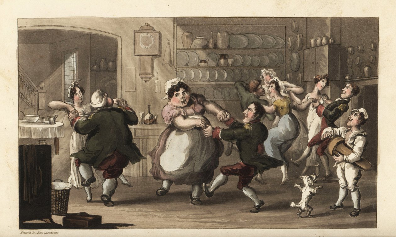 Johnny bailando en una fiesta secreta con otros sirvientes en la cocina. Cocinero, cochero, criada y lacayo disfrutando de la comida y el vino del amo. Grabado en cobre a mano coloreado por Thomas Rowlandson de The History of Johnny Quae Genus, the Little  de Thomas Rowlandson