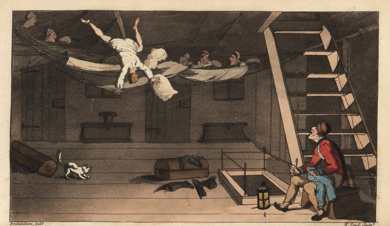 Johnny se cae de su hamaca en su cabina. Grabado en cobre coloreado a mano por W. Read después de una ilustración de Thomas Rowlandson de Las Aventuras de Johnny Newcombe en la Marina, de Alfred Burton, Simpkin, Londres de Thomas Rowlandson