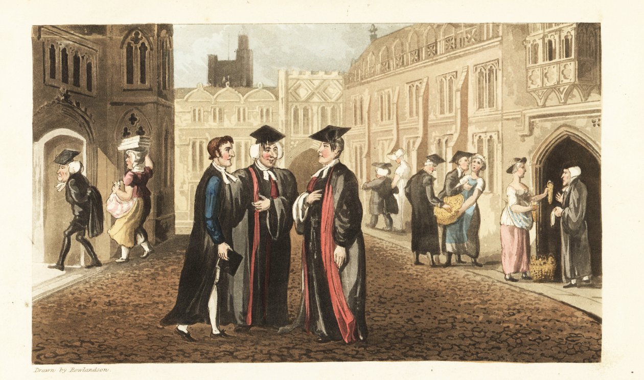 Johnny en túnicas hablando con Dons en la Universidad de Oxford, mientras otros académicos y estudiantes compran maíz a los tenderos y molestan a las criadas. Grabado en cobre coloreado a mano por Thomas Rowlandson del libro La historia de Johnny Quae Genu de Thomas Rowlandson