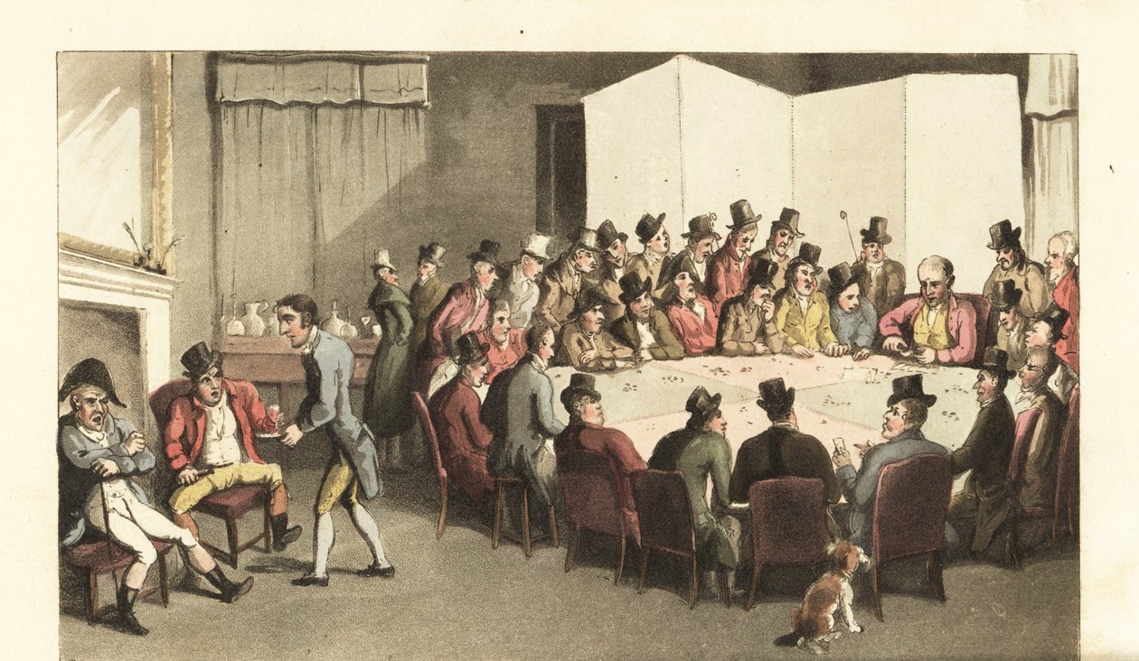 Johnny en servicio en un club de caballeros, sirviendo vino a los miembros mientras otros juegan a las cartas en una gran mesa de juego. Grabado en cobre coloreado a mano por Thomas Rowlandson del libro La historia de Johnny Quae Genus, el pequeño expósito de Thomas Rowlandson