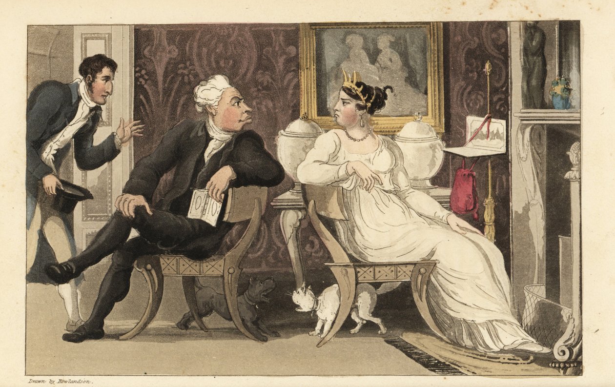 Johnny interrumpe una discusión entre invitados en una fiesta en un salón de la Regencia de Thomas Rowlandson