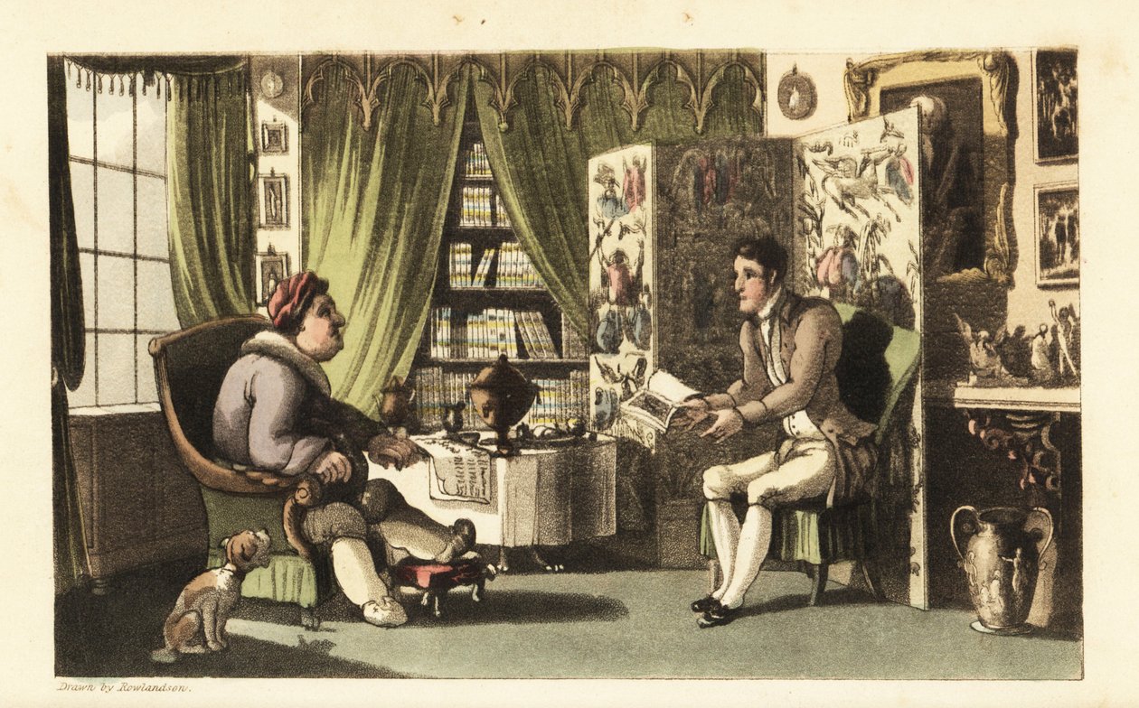 Johnny leyendo a Sir Jeffery Gourmand en su estudio de Thomas Rowlandson