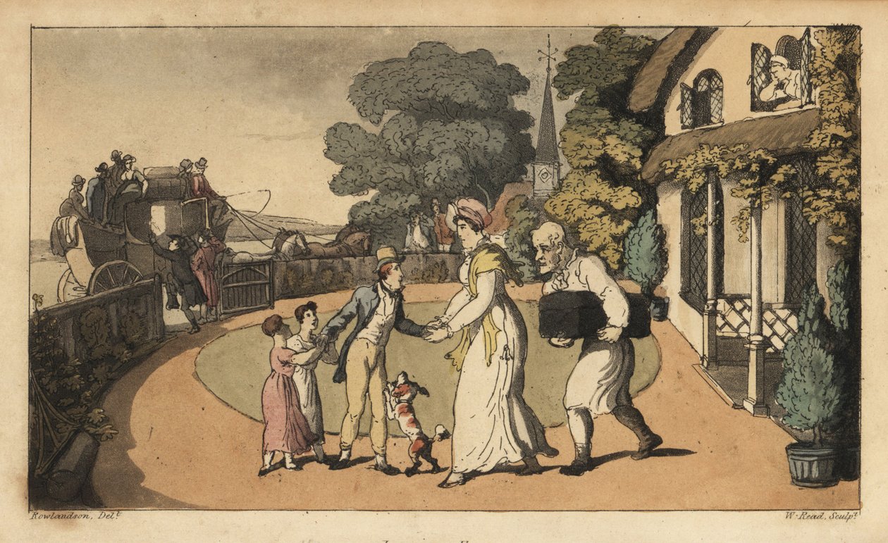 Johnny despidiéndose de su madre y hermanas al partir hacia la Marina Real en una diligencia. Grabado en cobre coloreado a mano por W. Read después de una ilustración de Thomas Rowlandson del libro Las aventuras de Johnny Newcombe en la Marina, de Alfred B de Thomas Rowlandson