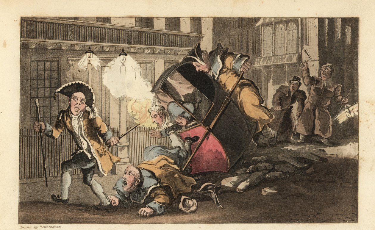 Johnny arrojado de una silla de manos cuando los porteadores chocan contra un montón de piedras en la calle. Llega un vigilante nocturno con linternas y matracas. Grabado en cobre coloreado a mano por Thomas Rowlandson de 