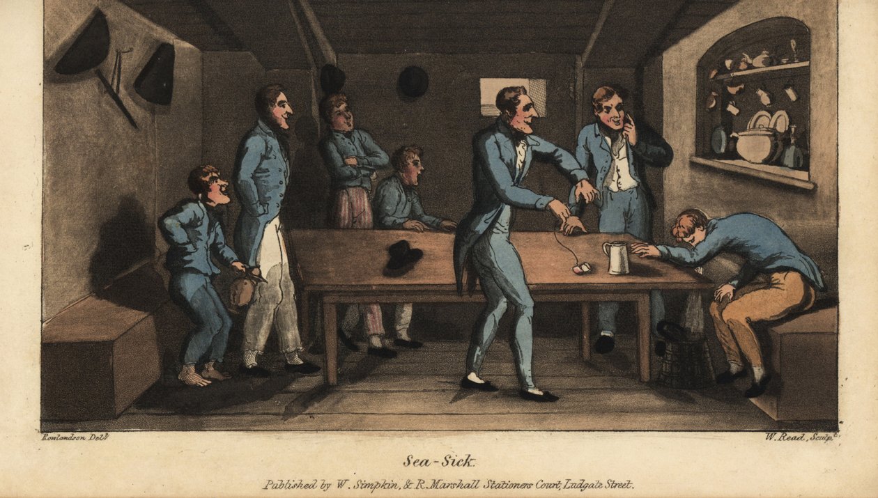 Johnny vomita en un cubo en la cabina mientras su barco zarpa. Otro oficial propone un remedio de agua salada y un trozo de cerdo salado en una cuerda. Grabado en cobre coloreado a mano por W. Read después de una ilustración de Thomas Rowlandson del libro  de Thomas Rowlandson