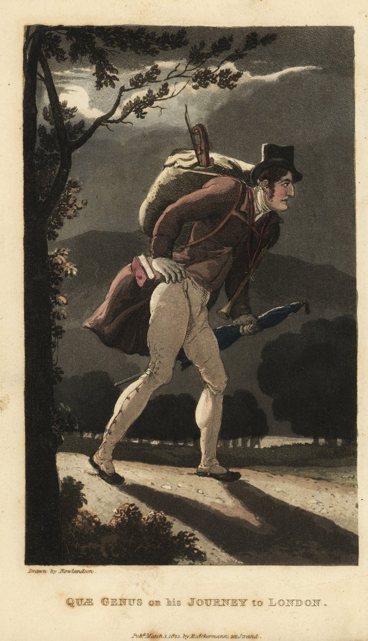 Johnny caminando por la carretera iluminada por la luna hacia Londres. Lleva una mochila con un violín, un libro en el bolsillo de su abrigo y un paraguas. Ilustración de Thomas Rowlandson de La historia de Johnny Quae Genus, el pequeño encontrado del difu de Thomas Rowlandson