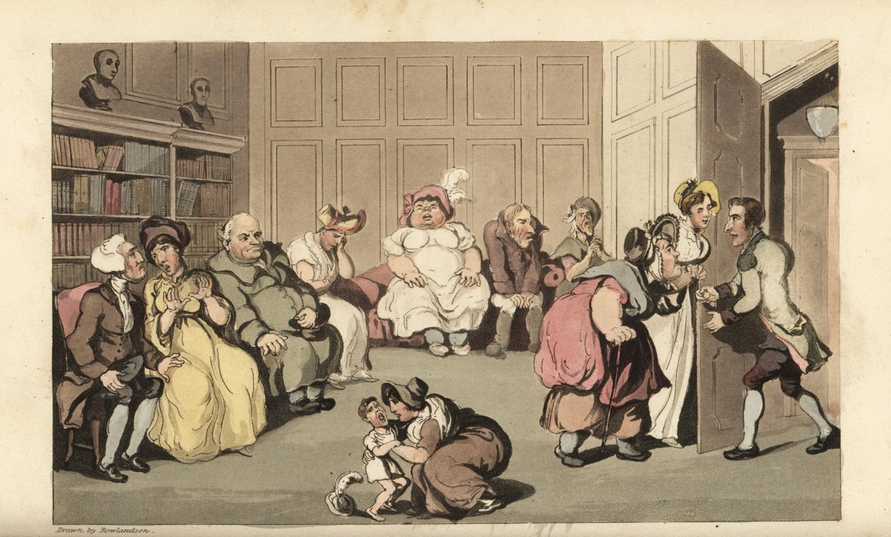Johnny con otros pacientes en la sala de espera del doctor charlatán Anodyne. Grabado en cobre coloreado a mano por Thomas Rowlandson del libro La historia de Johnny Quae Genus, el pequeño expósito del difunto Doctor Syntax, de William Combe de Thomas Rowlandson