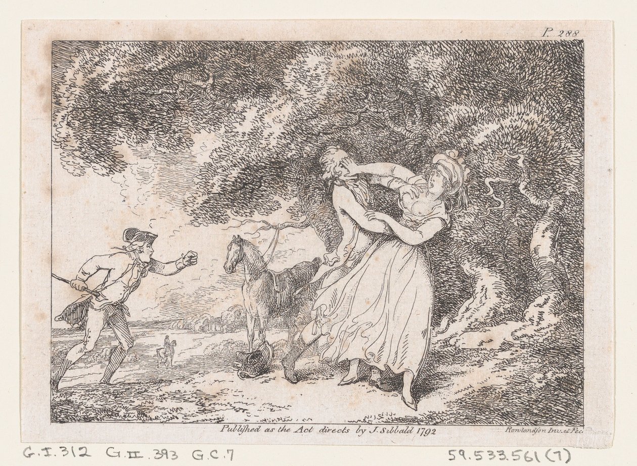 José se apresura a rescatar a Fanny del peligro inminente, de Las aventuras de Joseph Andrew..., 1792 de Thomas Rowlandson