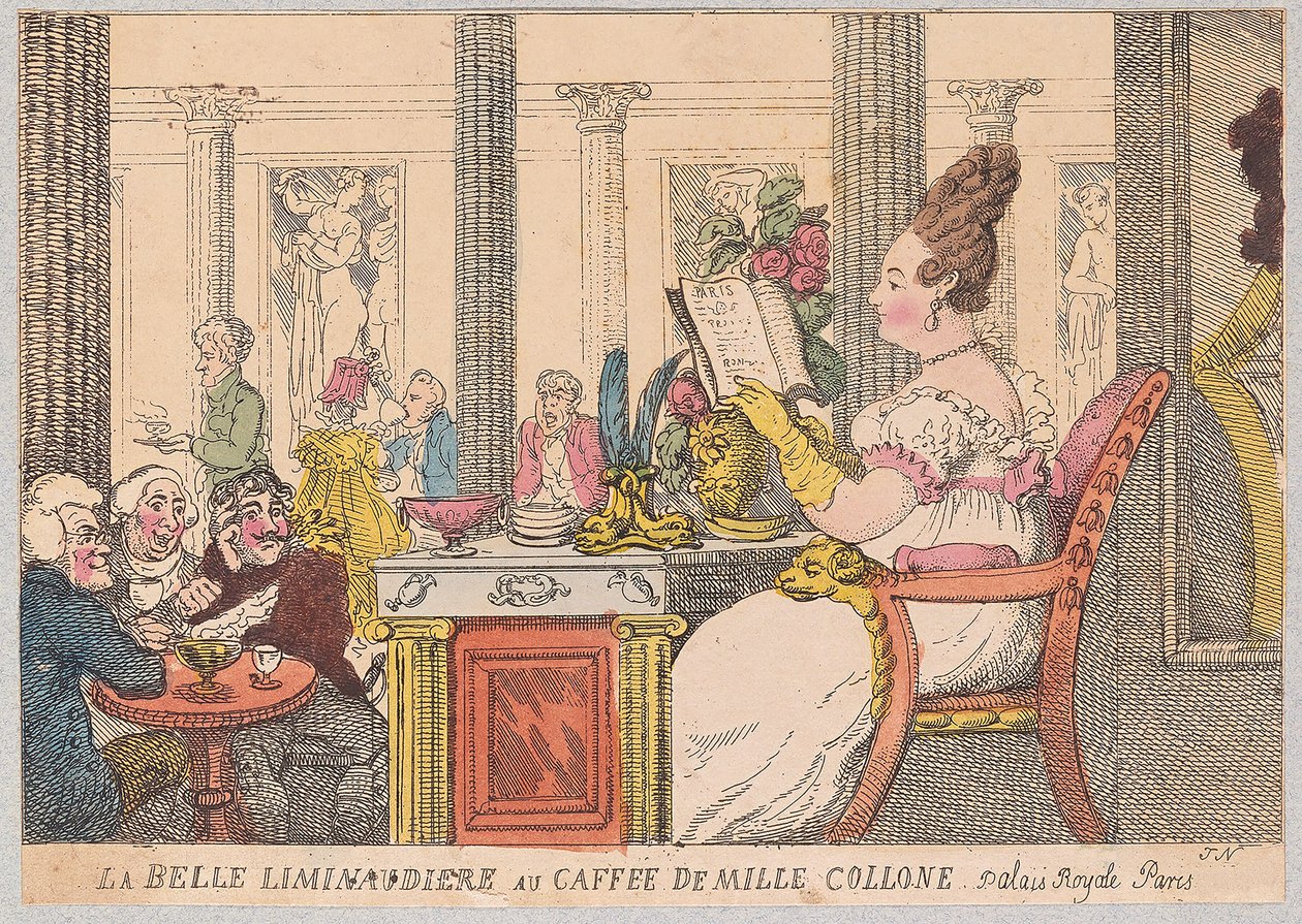 La Belle Liminaudiere en el Café de Mille Collone, Palais Royal, París de Thomas Rowlandson