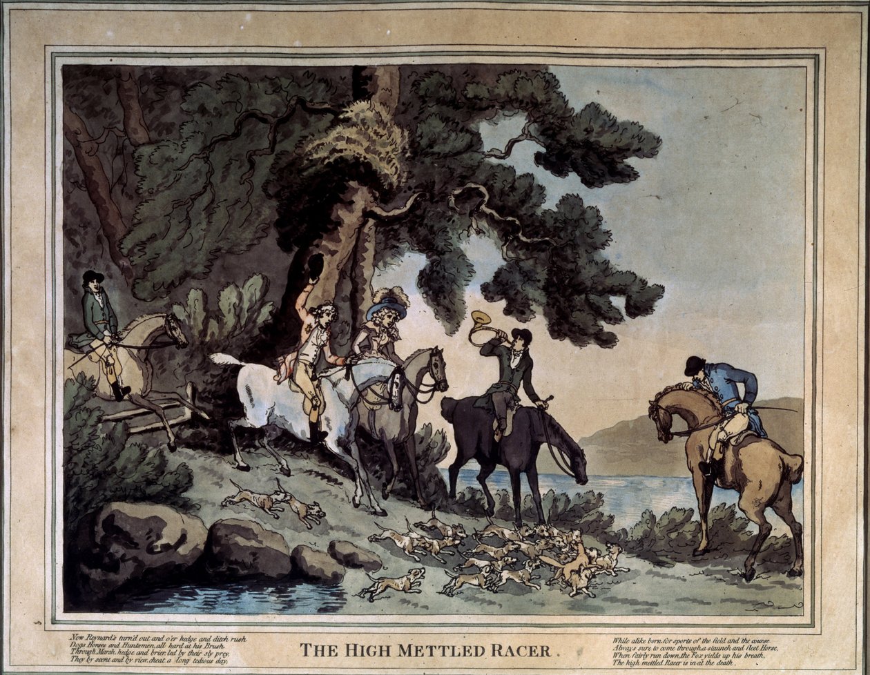 La reunión del alto mensajero (El gran corredor). Dibujo de Thomas Rowlandson (1756-1827). Aguafuerte y acuarela de Thomas Rowlandson