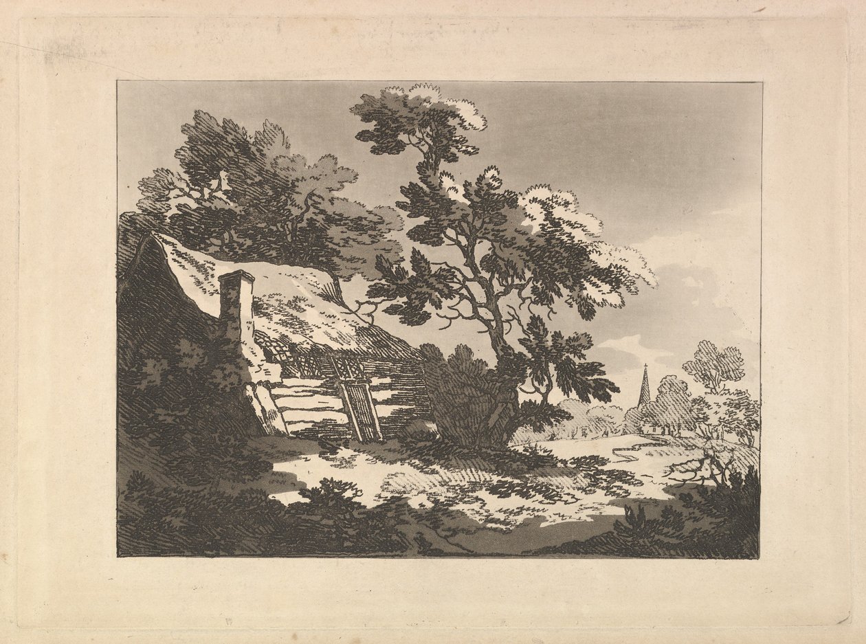 Paisaje con una casita entre los árboles a la izquierda y el campanario de una iglesia a lo lejos a la derecha de Thomas Rowlandson