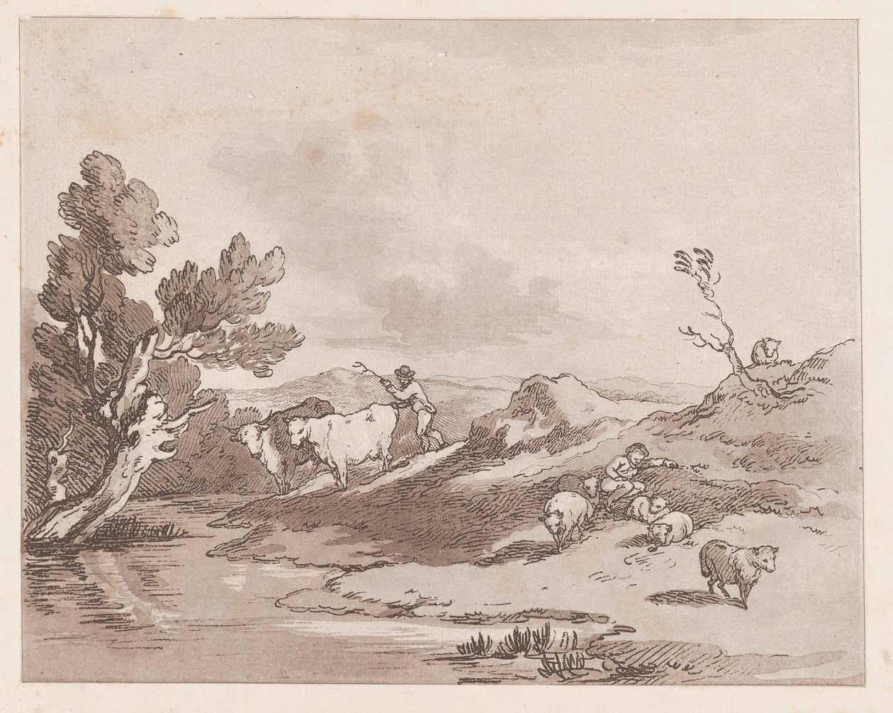 Paisaje con una figura arreando ganado hacia el agua, 21 de mayo de 1789 de Thomas Rowlandson
