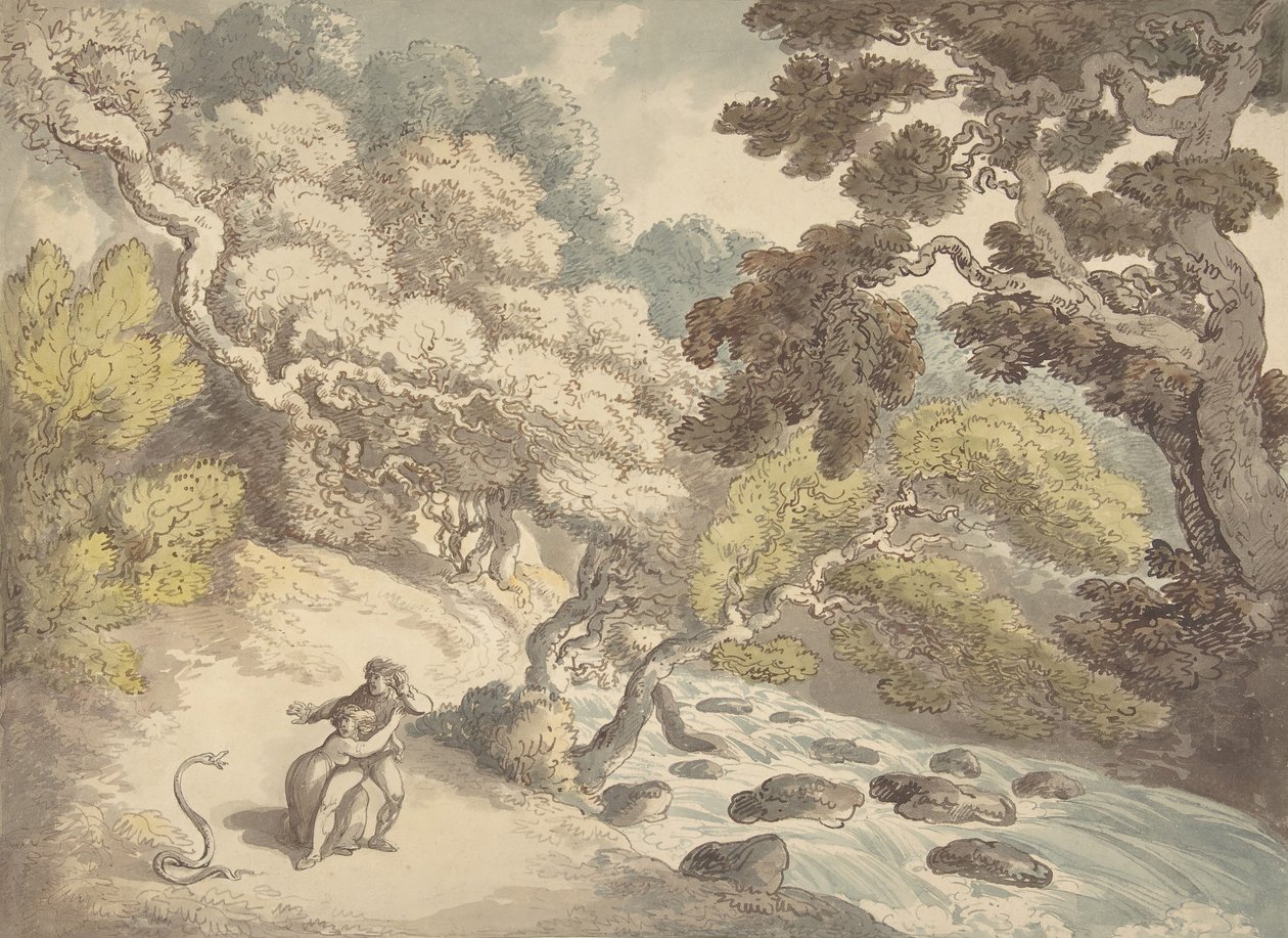 Paisaje con arroyo caudaloso y una pareja en la orilla, asustada por una serpiente, 1775-1827 de Thomas Rowlandson