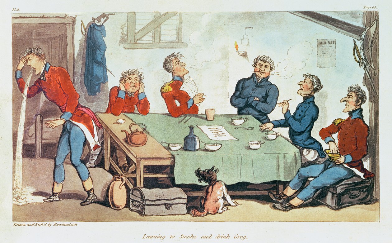 Aprendiendo a fumar y beber grog. 1815 de Thomas Rowlandson