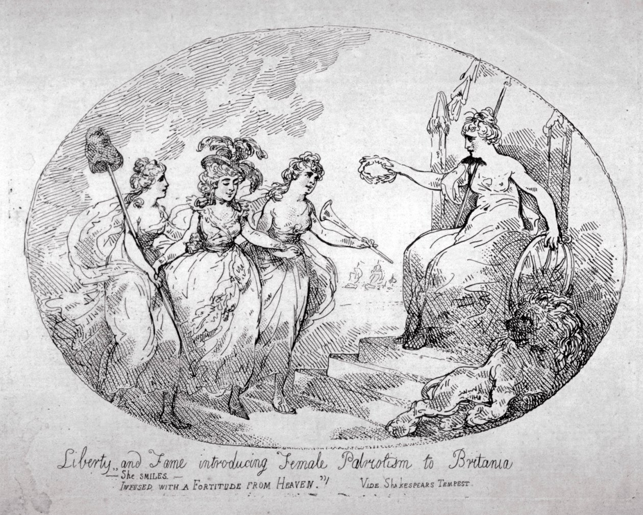 Libertad y Fama presentando el Patriotismo Femenino a Britania, 1784 de Thomas Rowlandson