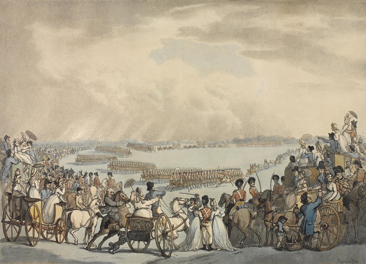 Voluntarios de Caballería Ligera de Londres y Westminster, comandados por el Coronel Herries, revisados por Su Majestad en Wimbledon Common, 5 de julio de 1798 de Thomas Rowlandson