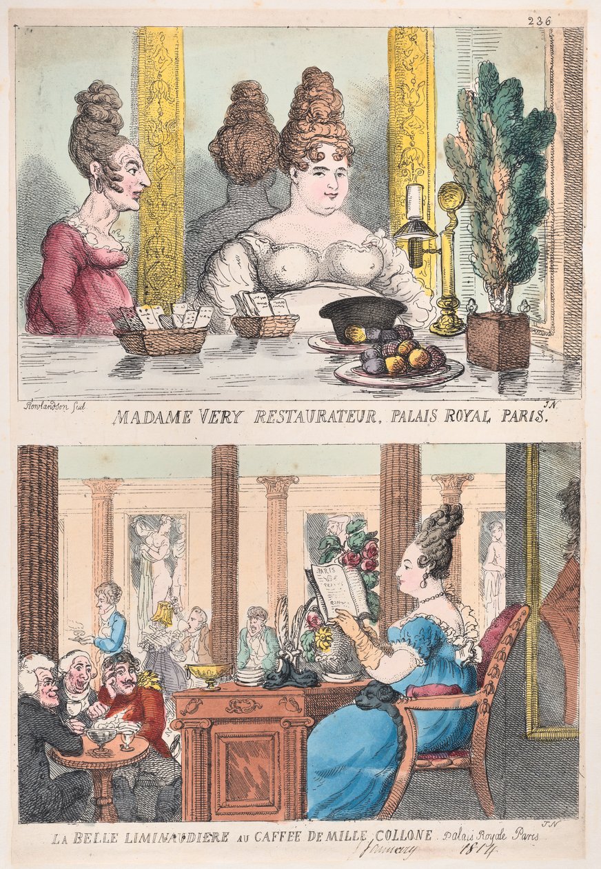 Madame Very Restauranteur, Palais Royal Paris y La Belle Liminaudiere en el Café De Mille de Thomas Rowlandson