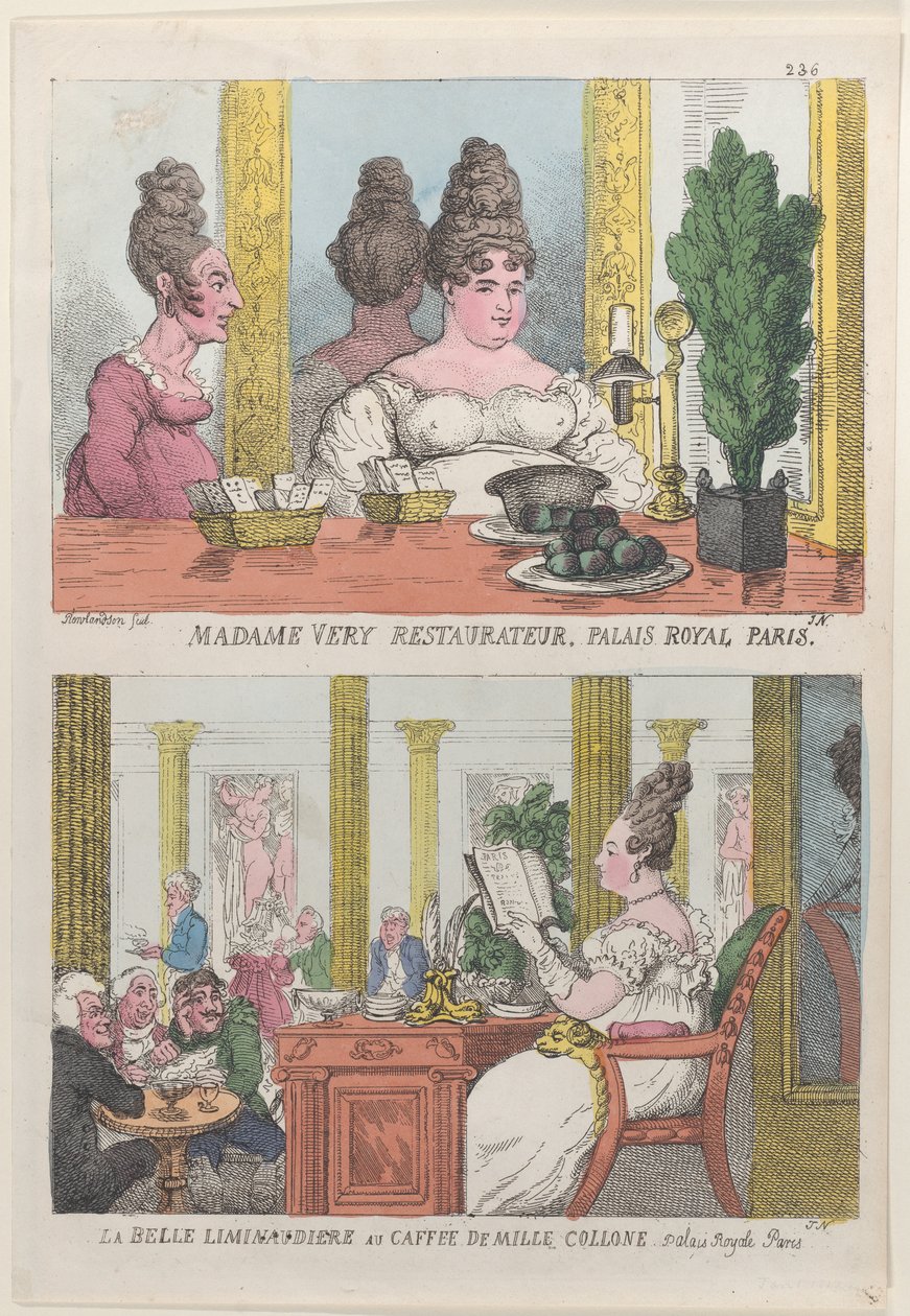 Madame Very Restauranteur, Palais Royal Paris y La Belle Liminaudiere en el Café De Mille de Thomas Rowlandson