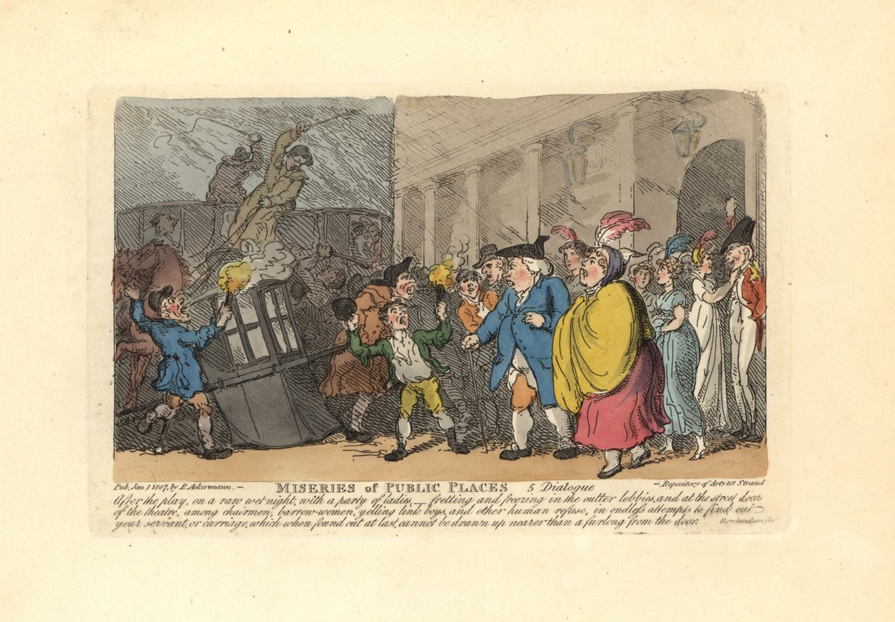 Hombre y damas buscando un carruaje en una multitud bajo la lluvia. de Thomas Rowlandson