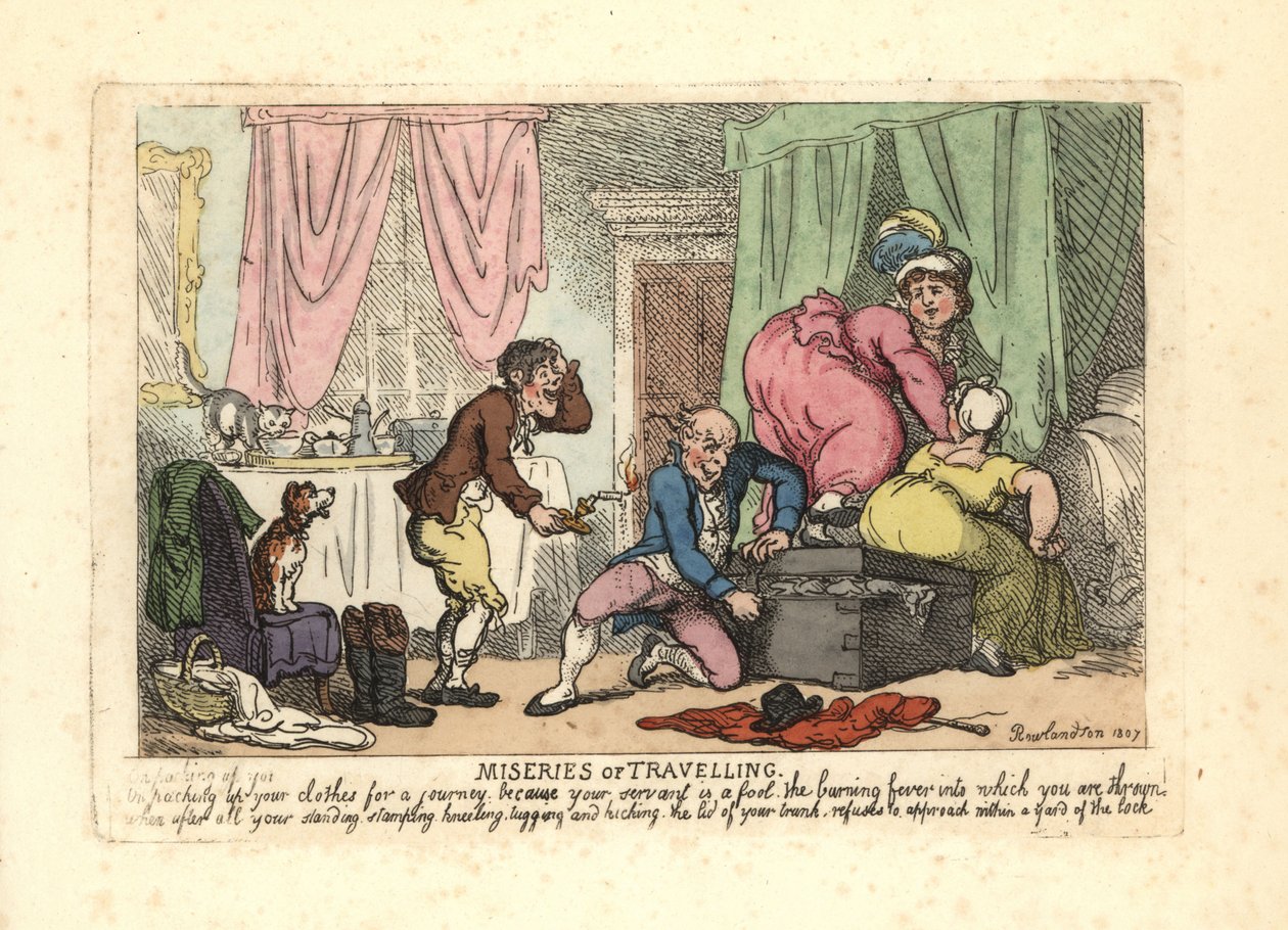 Hombre y dos mujeres tratando de cerrar un baúl lleno de Thomas Rowlandson