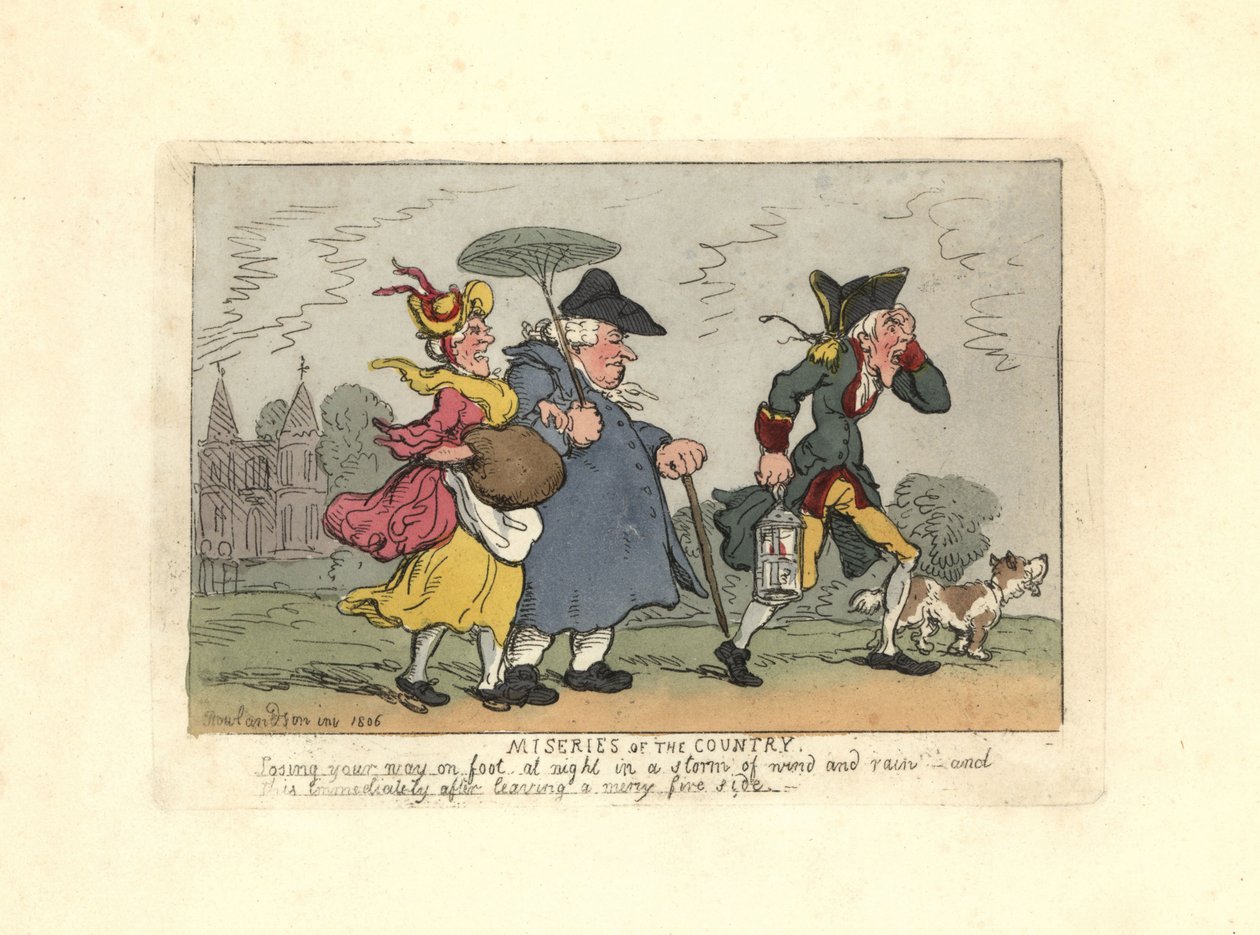 Hombre y mujer perdidos en el campo durante una tormenta nocturna de Thomas Rowlandson